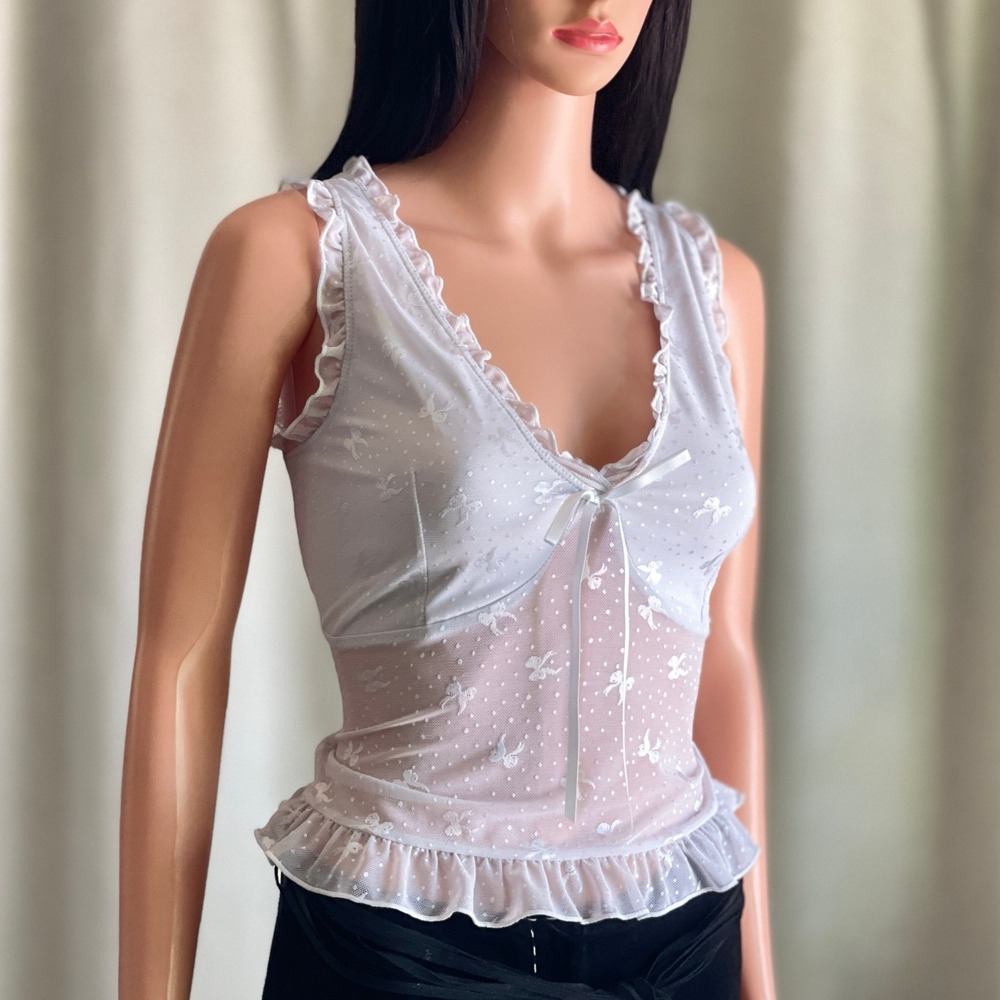 White Sheer Mesh‎ Bow Polka Dot Ruffle Tank Top Coquette Balletcore Fairycore M
